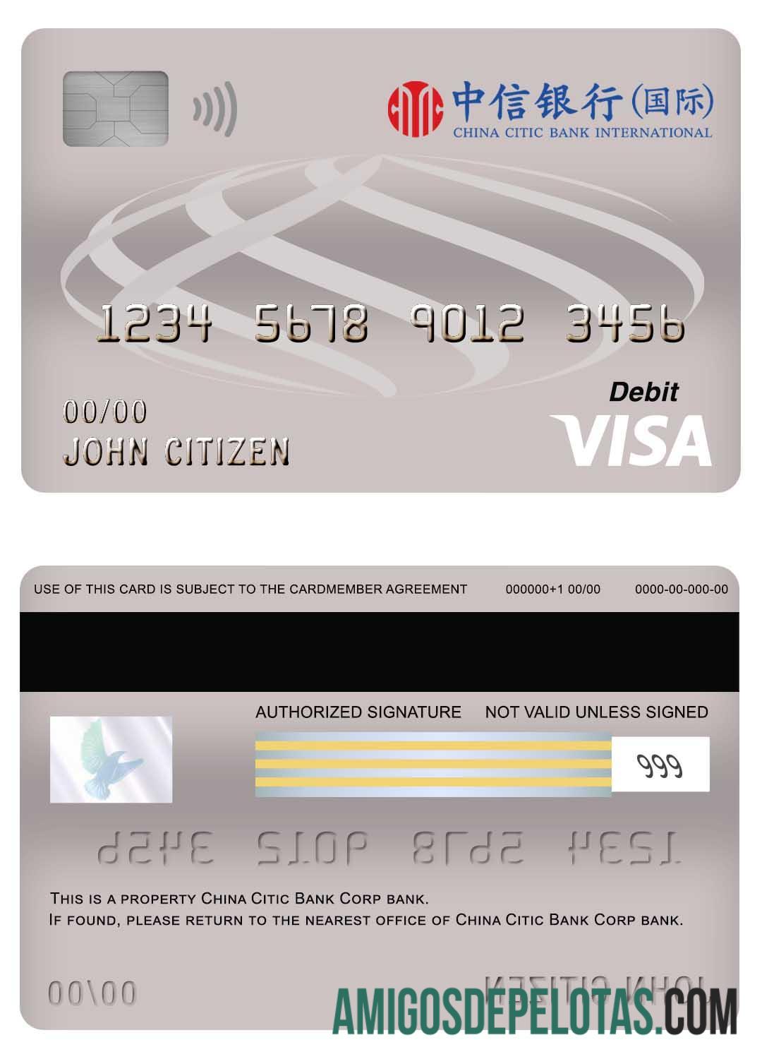 Cartão de débito Visa do banco China Citic Bank Corp modelo